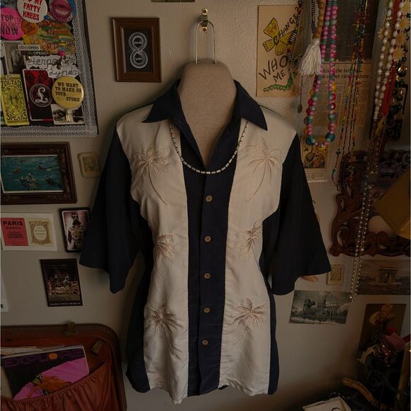 Bamboo Cay Pacific Palms Button Down Shirt Men's Medium Black Cream Paneled - Picture 1 of 8